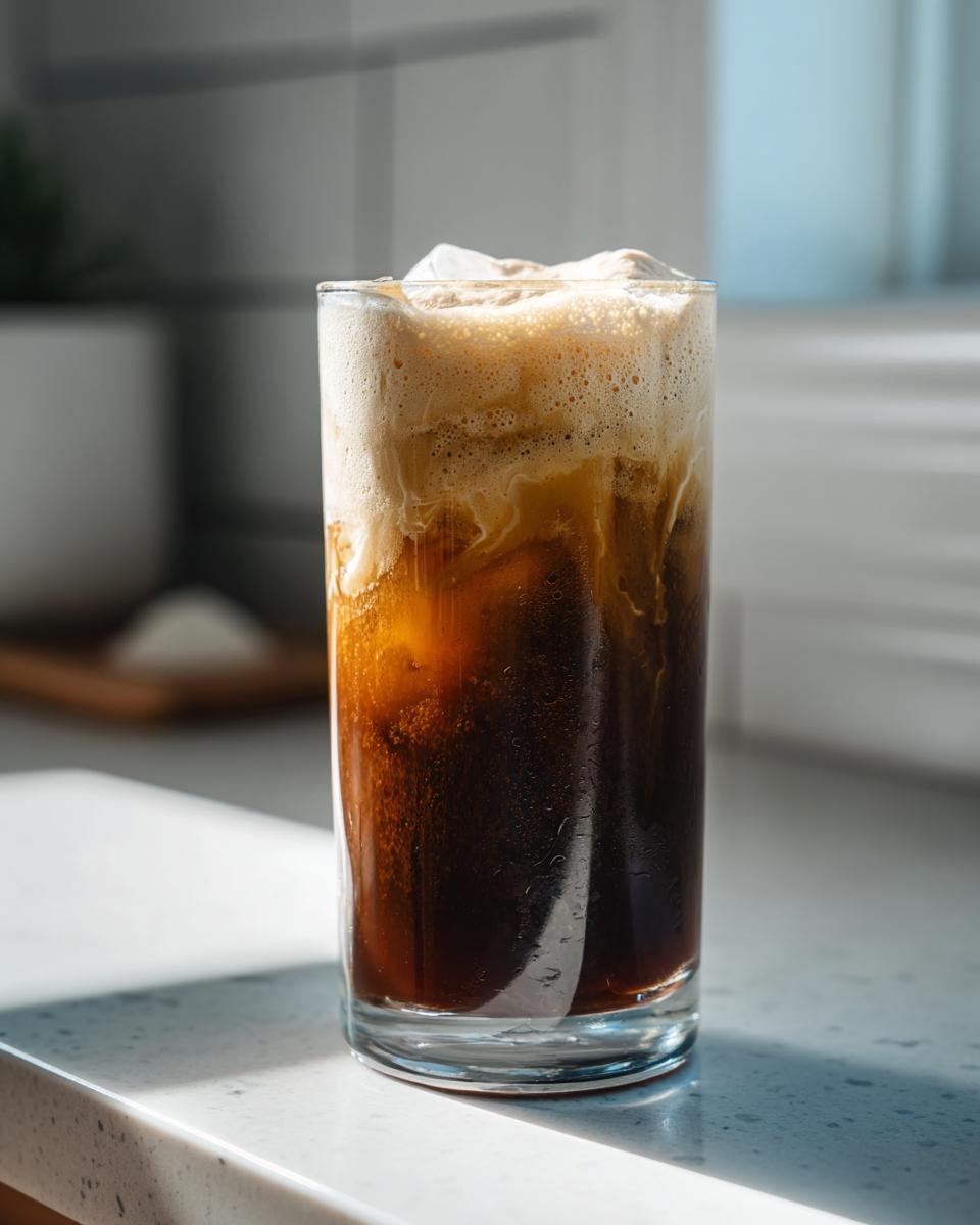 Tall glass of iced salted caramel cold foam cold brew with creamy foam on top