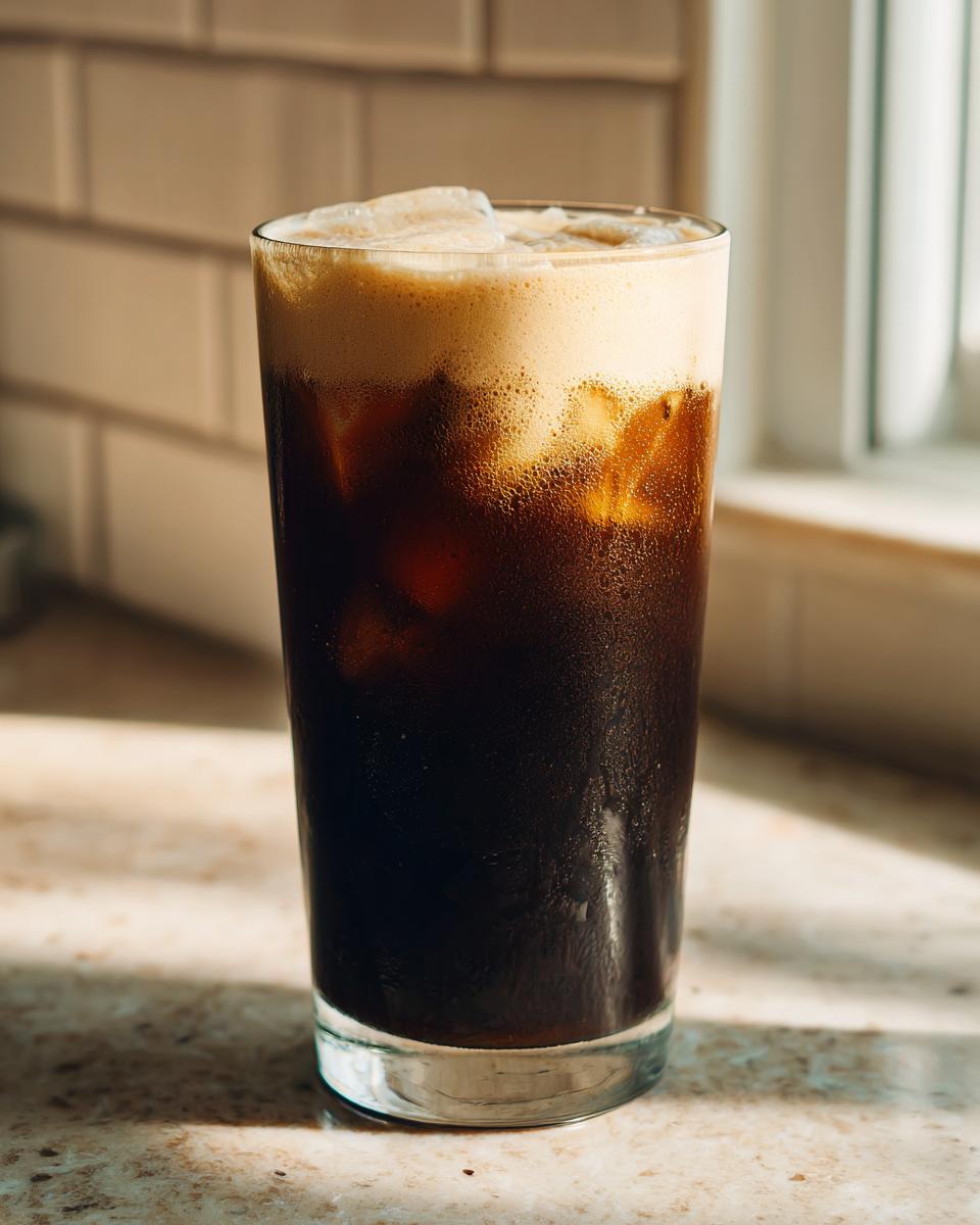 Glass of salted caramel cold foam cold brew with ice on a marble surface