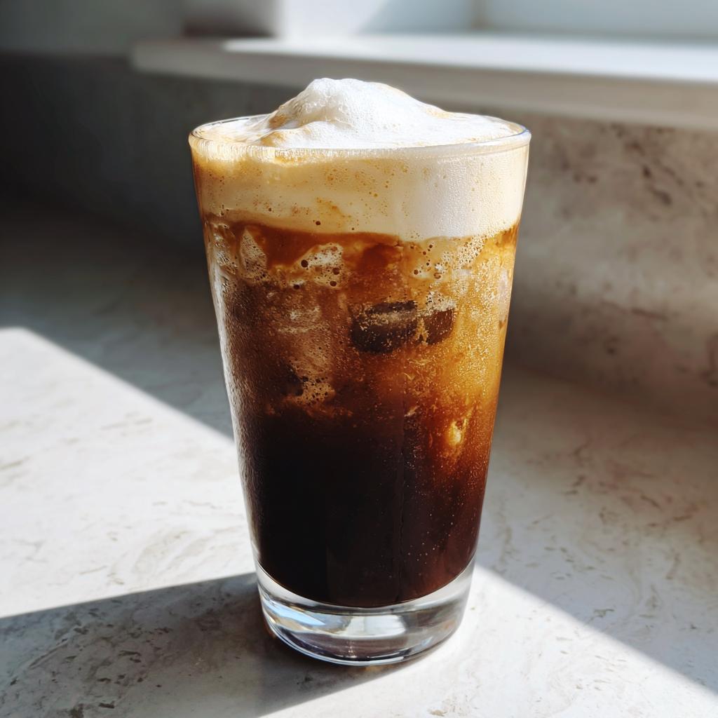 Glass of iced salted caramel cold foam cold brew with creamy foam topping