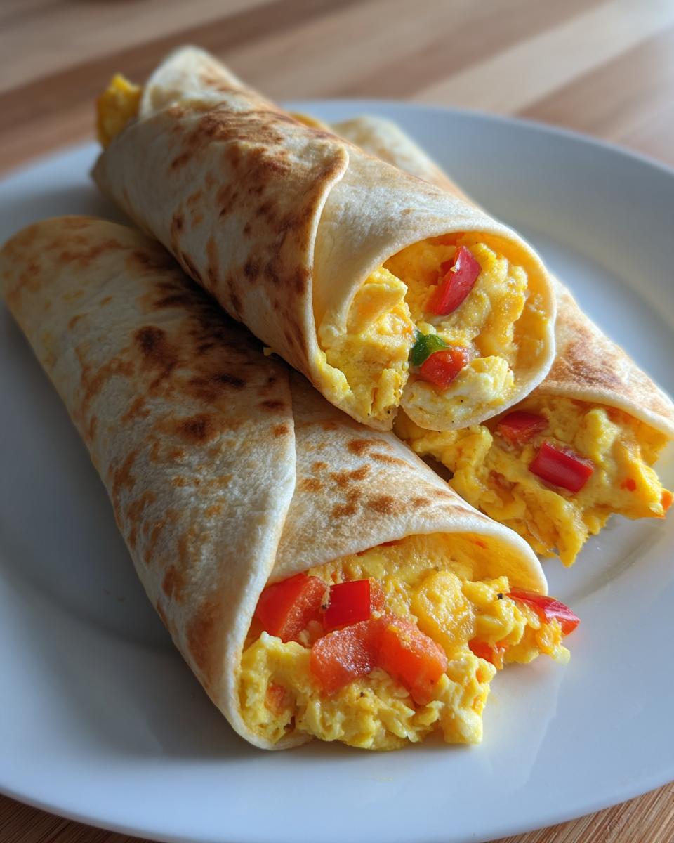 Three breakfast taquitos filled with scrambled eggs and diced red peppers on a white plate.