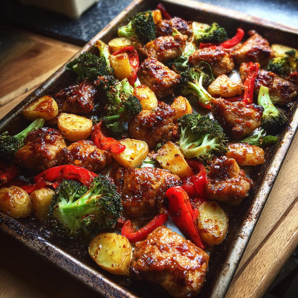 Sheet pan honey mustard chicken dinner with roasted broccoli, red peppers, and potatoes.
