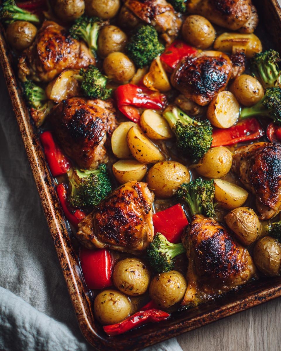 Baked sheet pan honey mustard chicken dinner with crispy chicken thighs, baby potatoes, broccoli, and red bell peppers.
