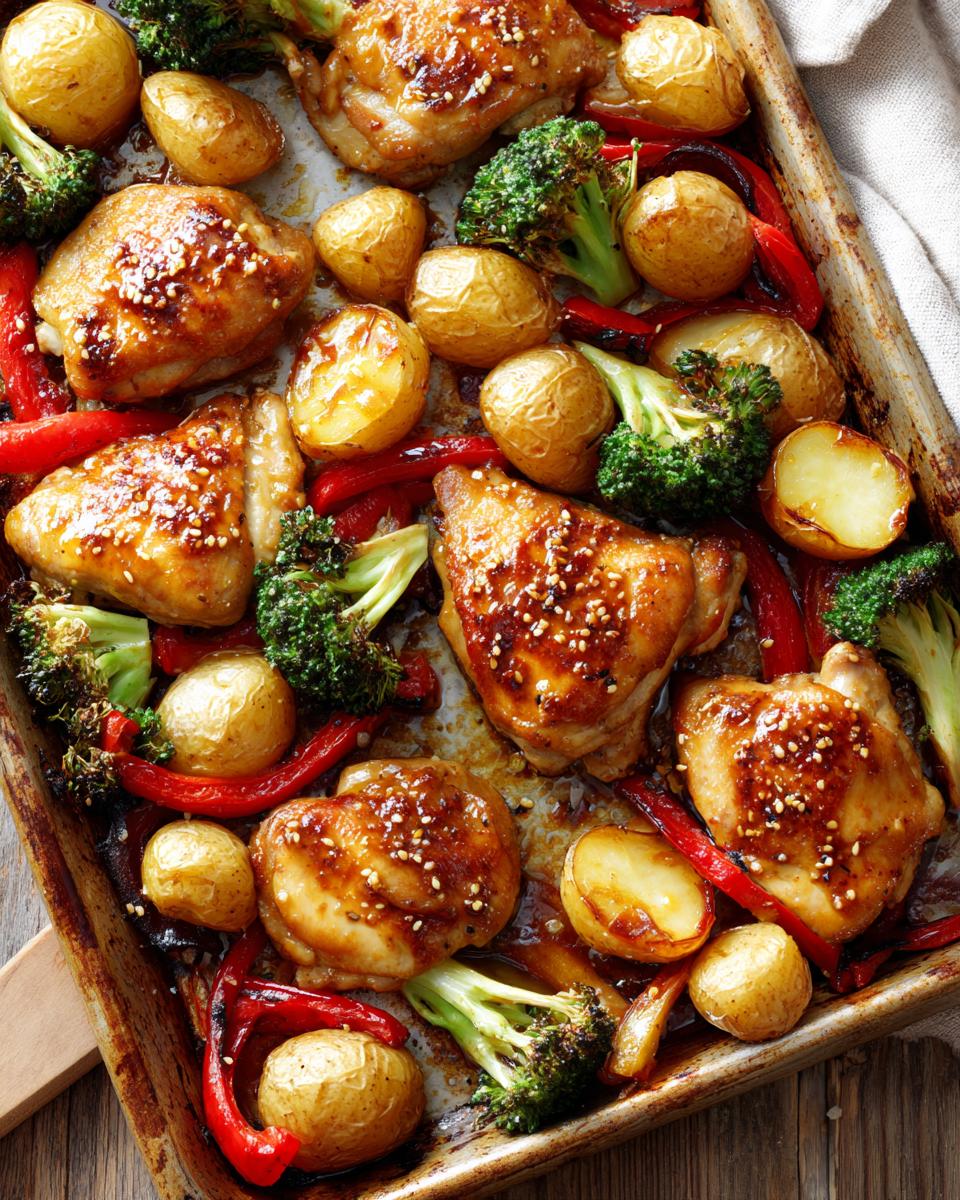 Sheet pan honey mustard chicken dinner with roasted potatoes, broccoli, and red bell peppers.