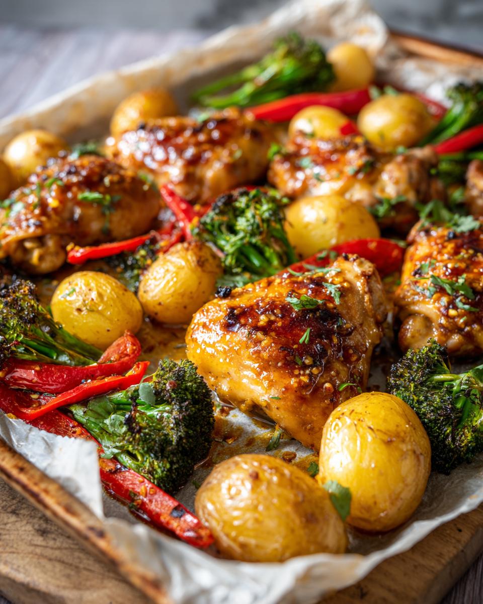 Sheet pan honey mustard chicken dinner with roasted potatoes, broccoli, and red bell peppers.