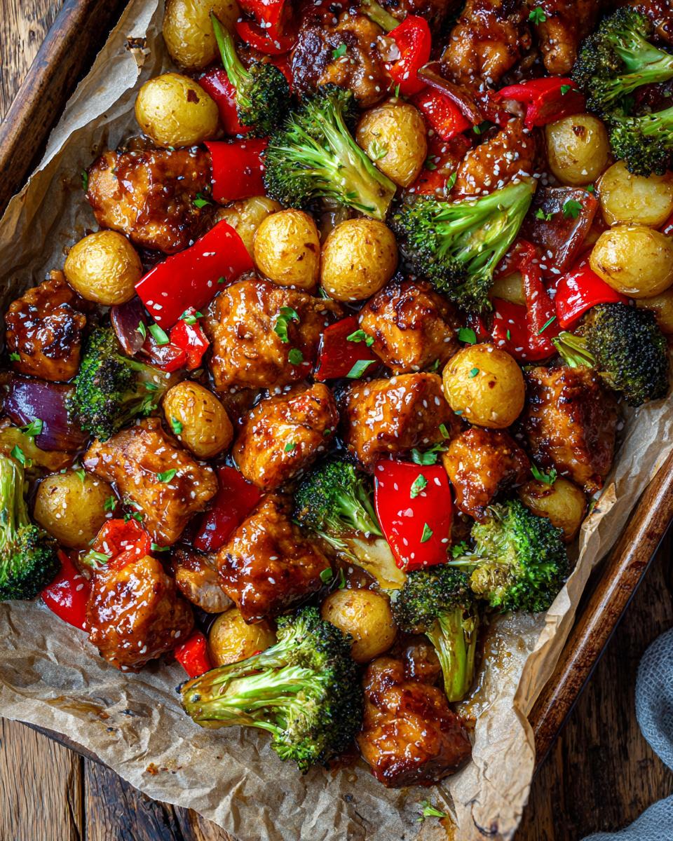 Sheet pan honey mustard chicken dinner with roasted baby potatoes, broccoli, and red bell peppers.