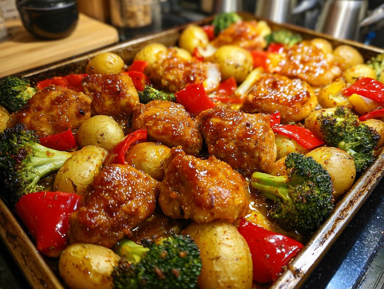Sheet pan honey mustard chicken dinner with roasted potatoes, broccoli, and red bell peppers.