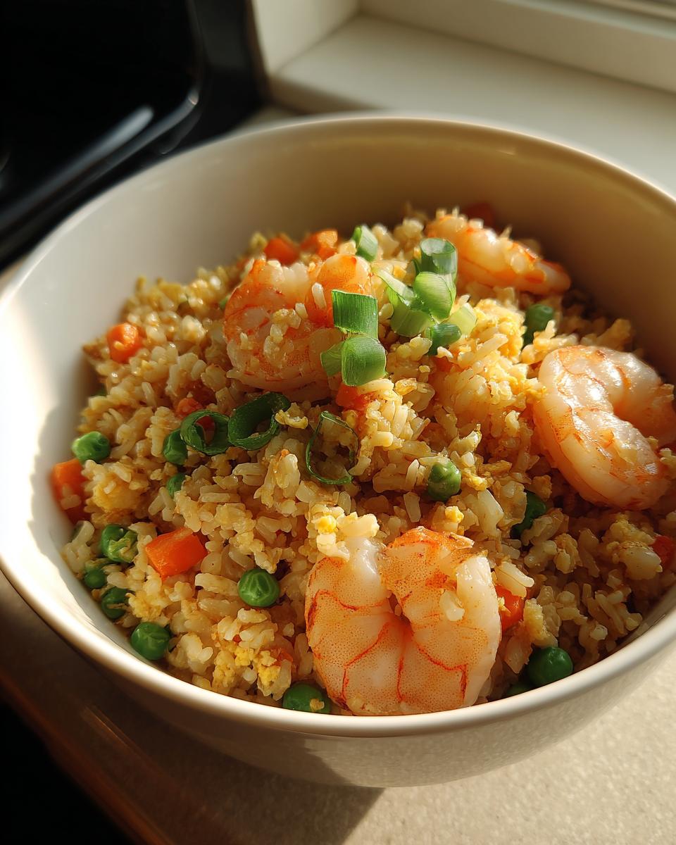 Close-up of shrimp fried rice with peas, carrots, and scallions in a white bowl.
