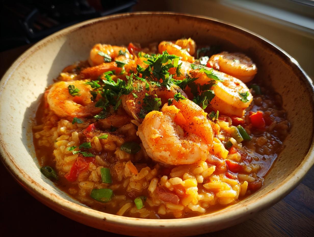 Close-up of shrimp jambalaya with rice, vegetables, and parsley garnish in a rustic bowl.