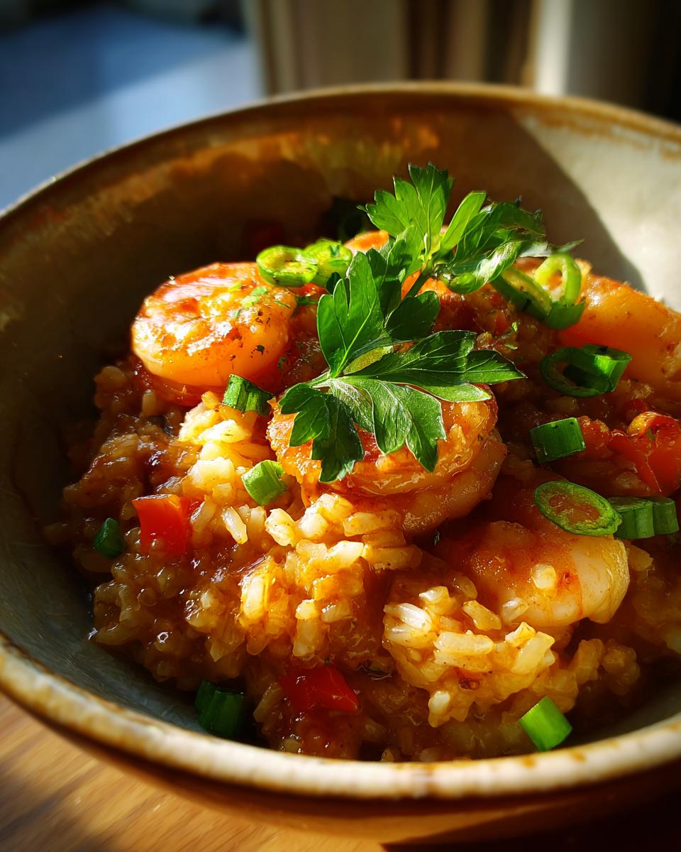Bowl of shrimp jambalaya with rice, shrimp, green onions, and parsley garnish