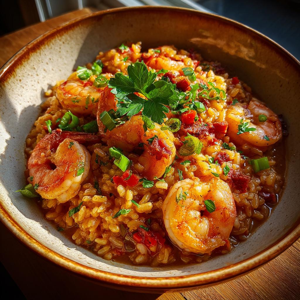 Bowl of shrimp jambalaya with seasoned shrimp, rice, and herbs garnished with parsley and green onions.