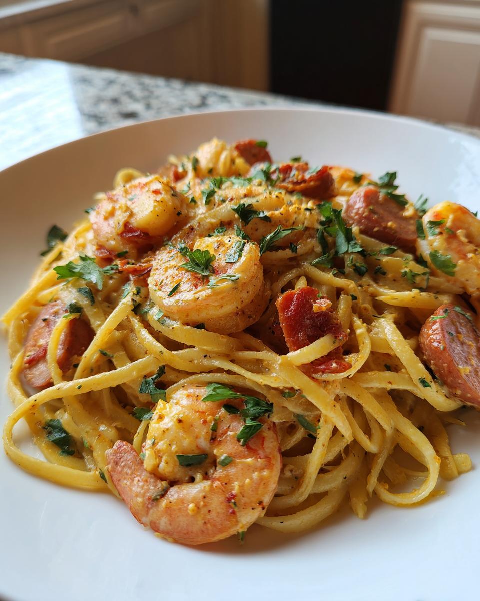 Close-up of shrimp and sausage creamy cajun pasta garnished with parsley on a white plate.