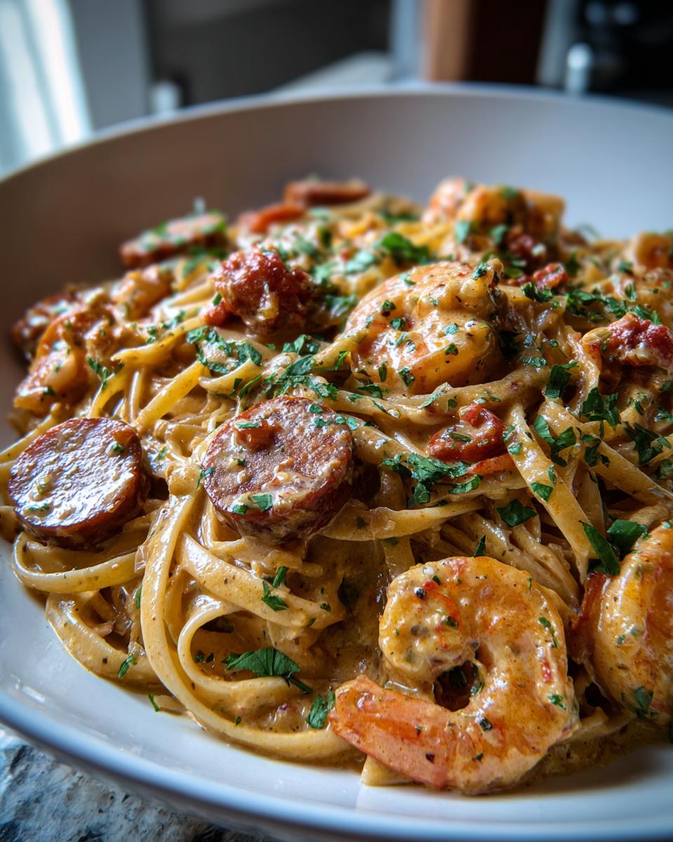 Close-up of shrimp and sausage creamy cajun pasta garnished with parsley in a white bowl.