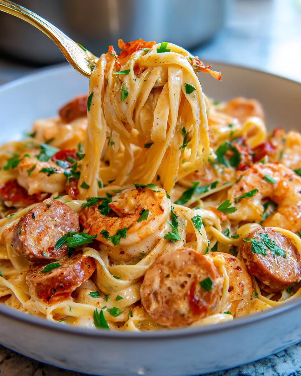 Close-up of shrimp and sausage creamy cajun pasta with parsley garnishing
