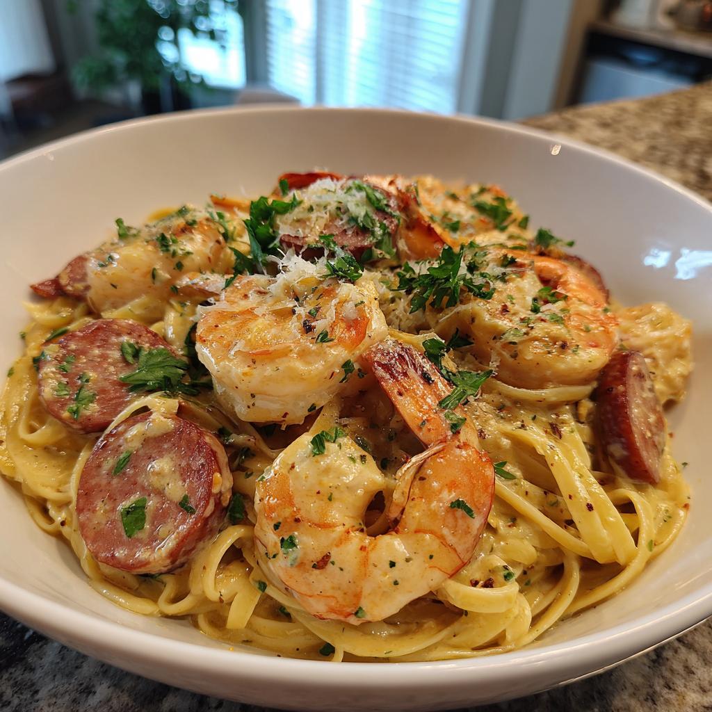 Close-up of shrimp and sausage creamy cajun pasta garnished with parsley in a white bowl