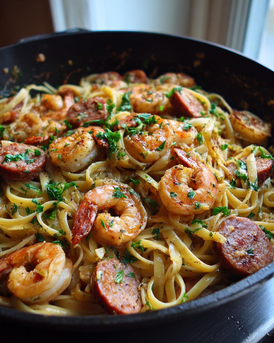 Creamy shrimp and sausage creamy cajun pasta in a skillet garnished with herbs