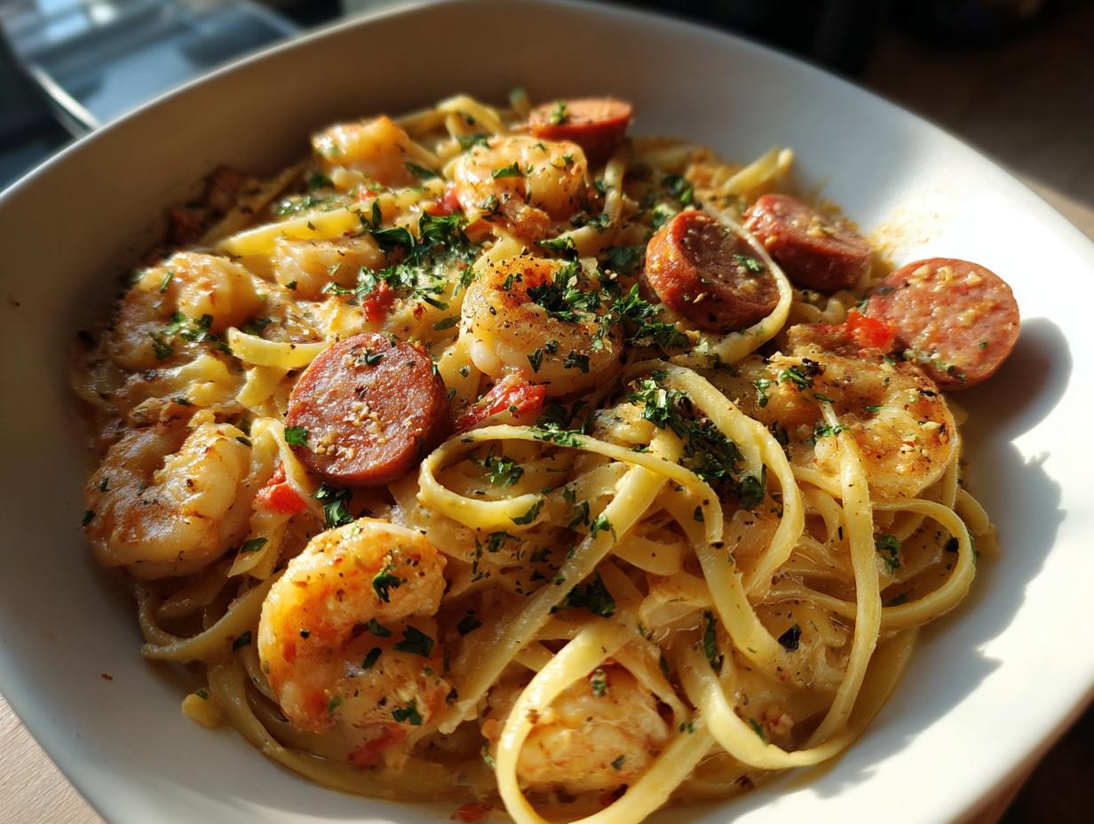 Creamy cajun pasta with shrimp and sausage garnished with herbs in a white bowl