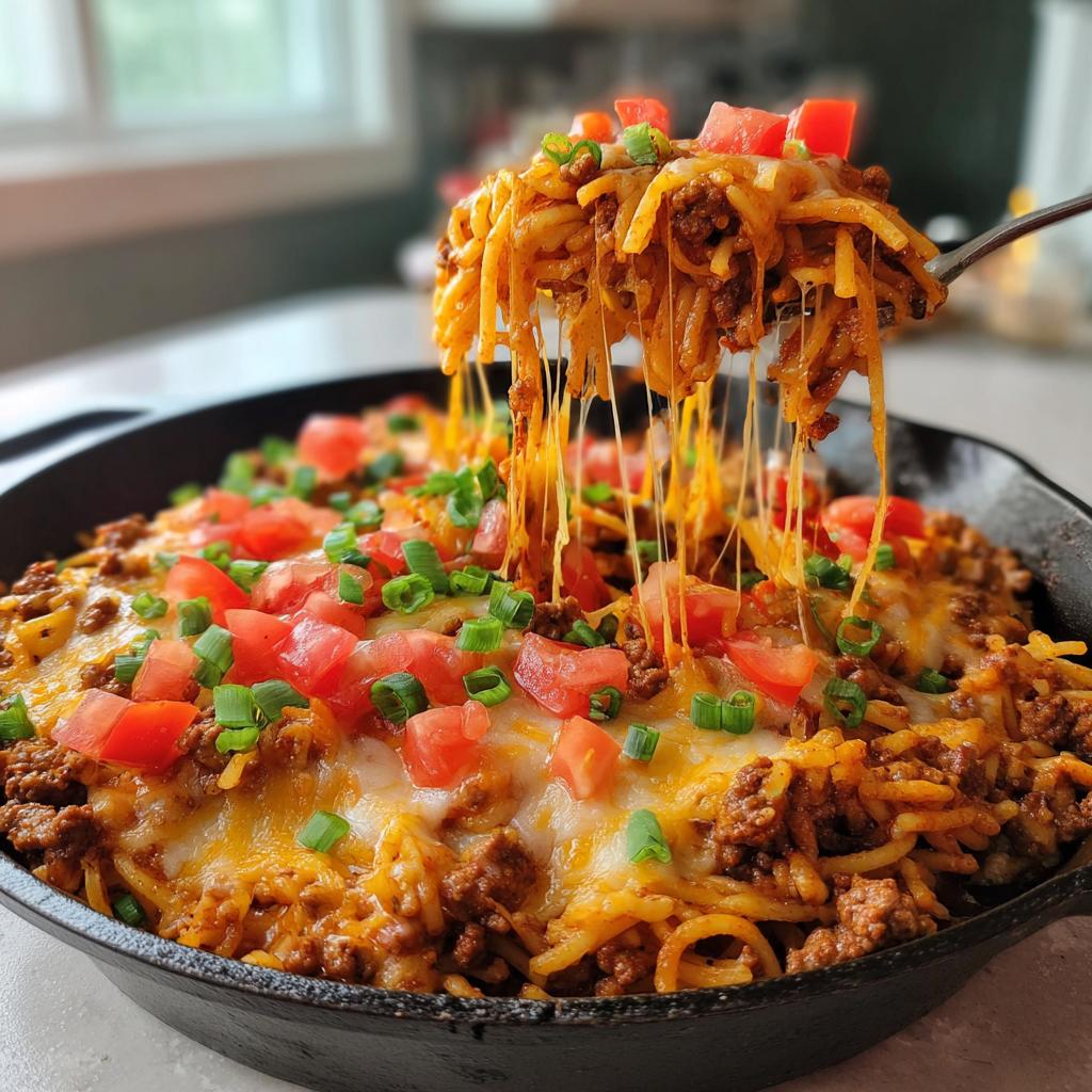 Skillet cheesy taco pasta dinner with melted cheese, ground beef, tomatoes, and green onions on a fork