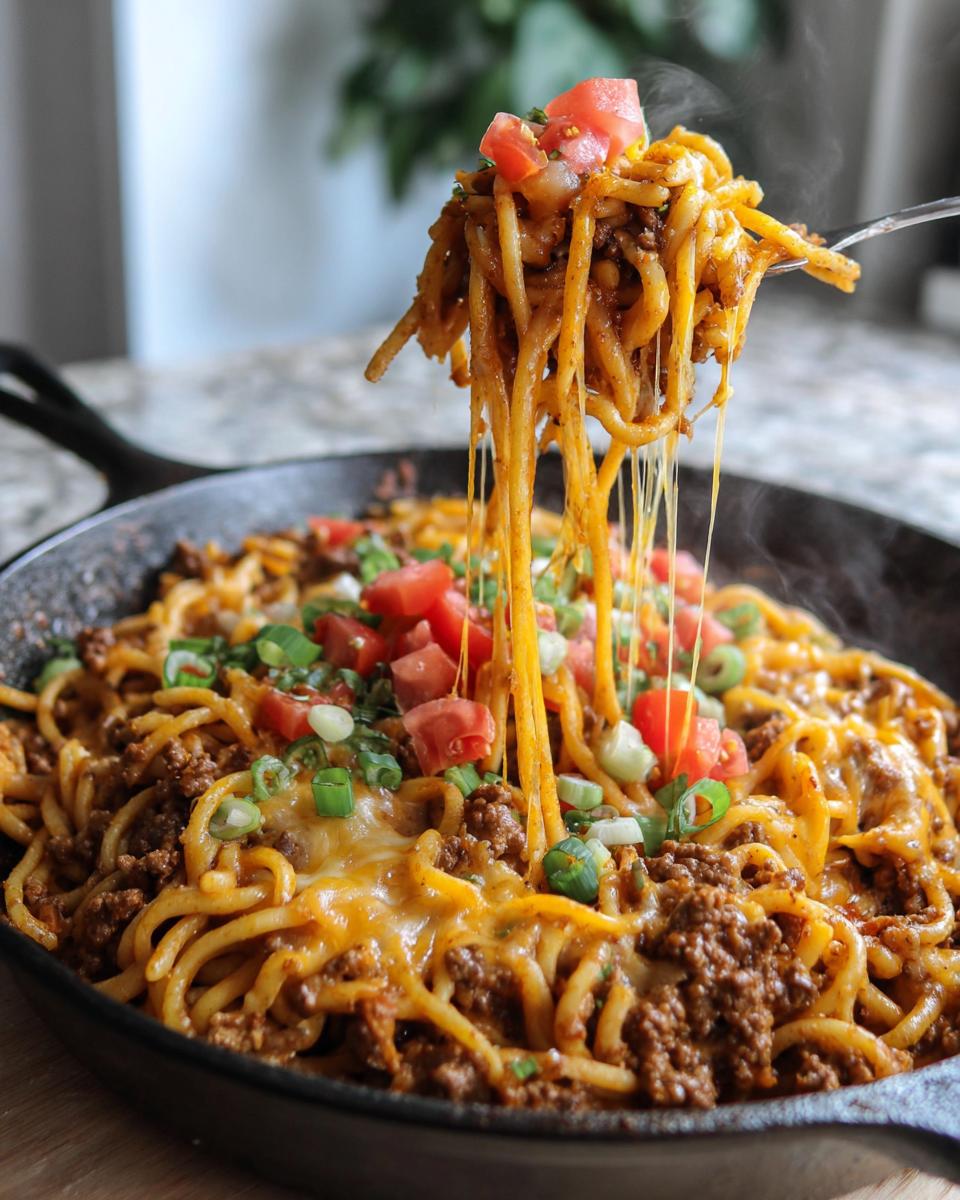 Cheesy taco pasta dinner in skillet with ground beef, melted cheese, tomatoes, and green onions