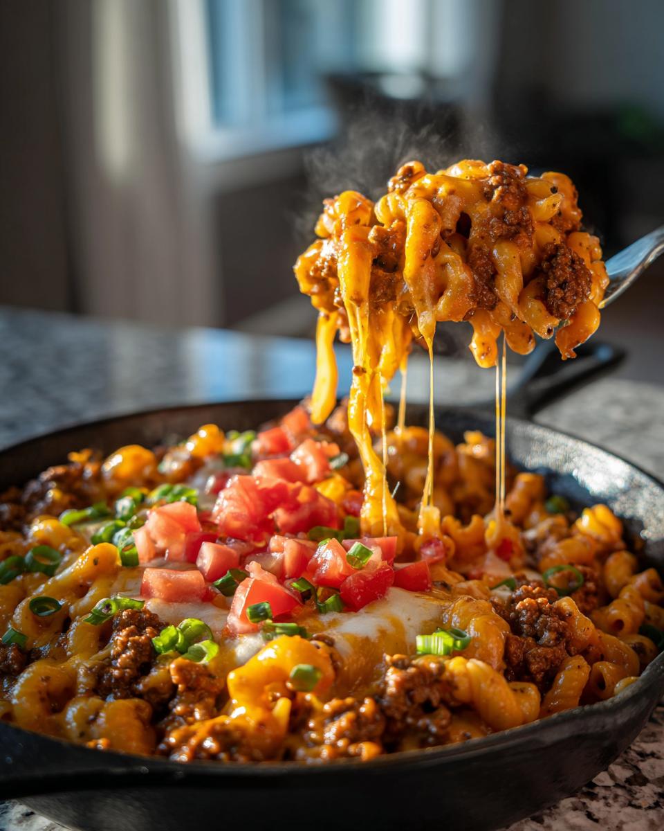 Skillet cheesy taco pasta dinner with melted cheese, ground beef, diced tomatoes, and green onions.