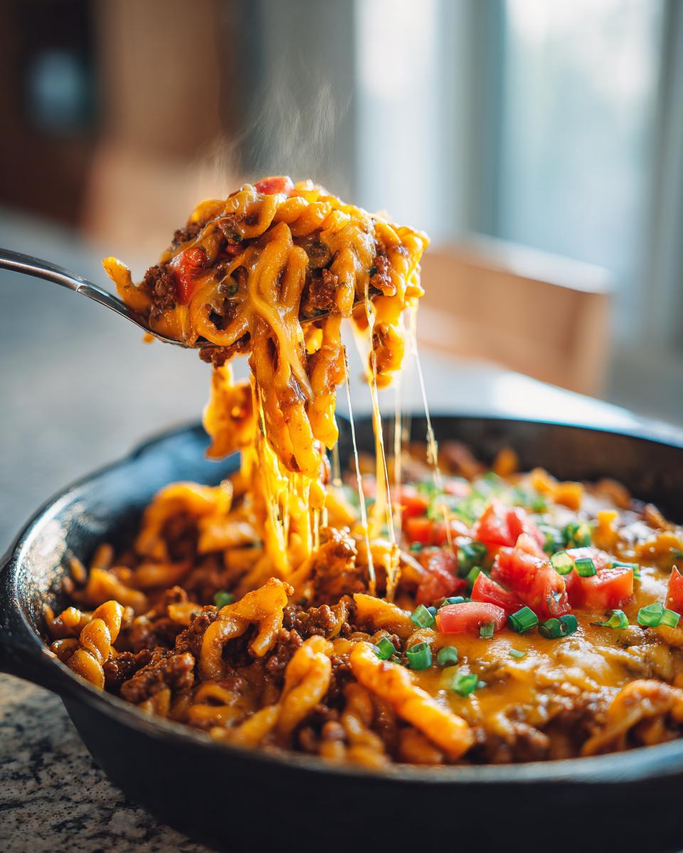 Spoon lifting cheesy taco pasta dinner from a skillet with melted cheese and diced tomatoes