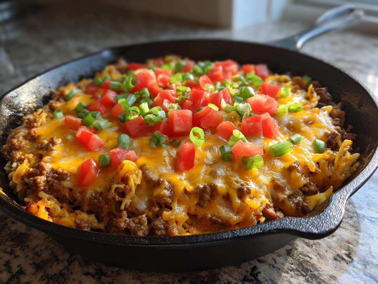 Cast iron skillet filled with cheesy taco pasta dinner topped with diced tomatoes and green onions