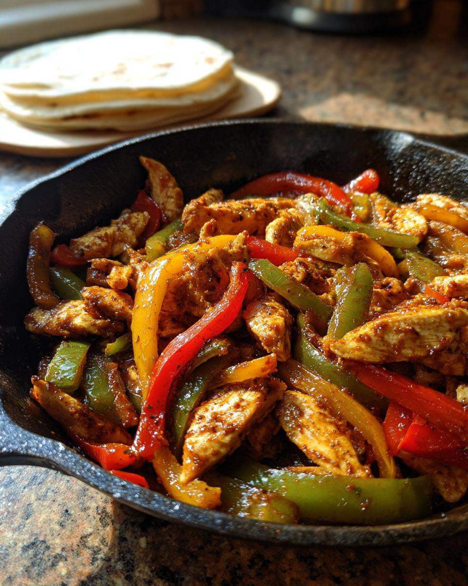 Skillet chicken fajitas with peppers showing cooked chicken strips and colorful bell peppers in cast iron skillet