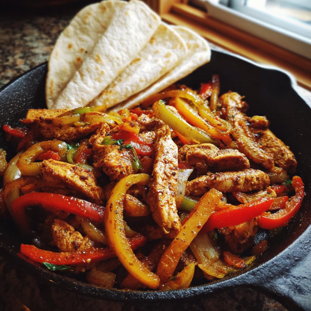 Skillet chicken fajitas with peppers and onions served with warm tortillas