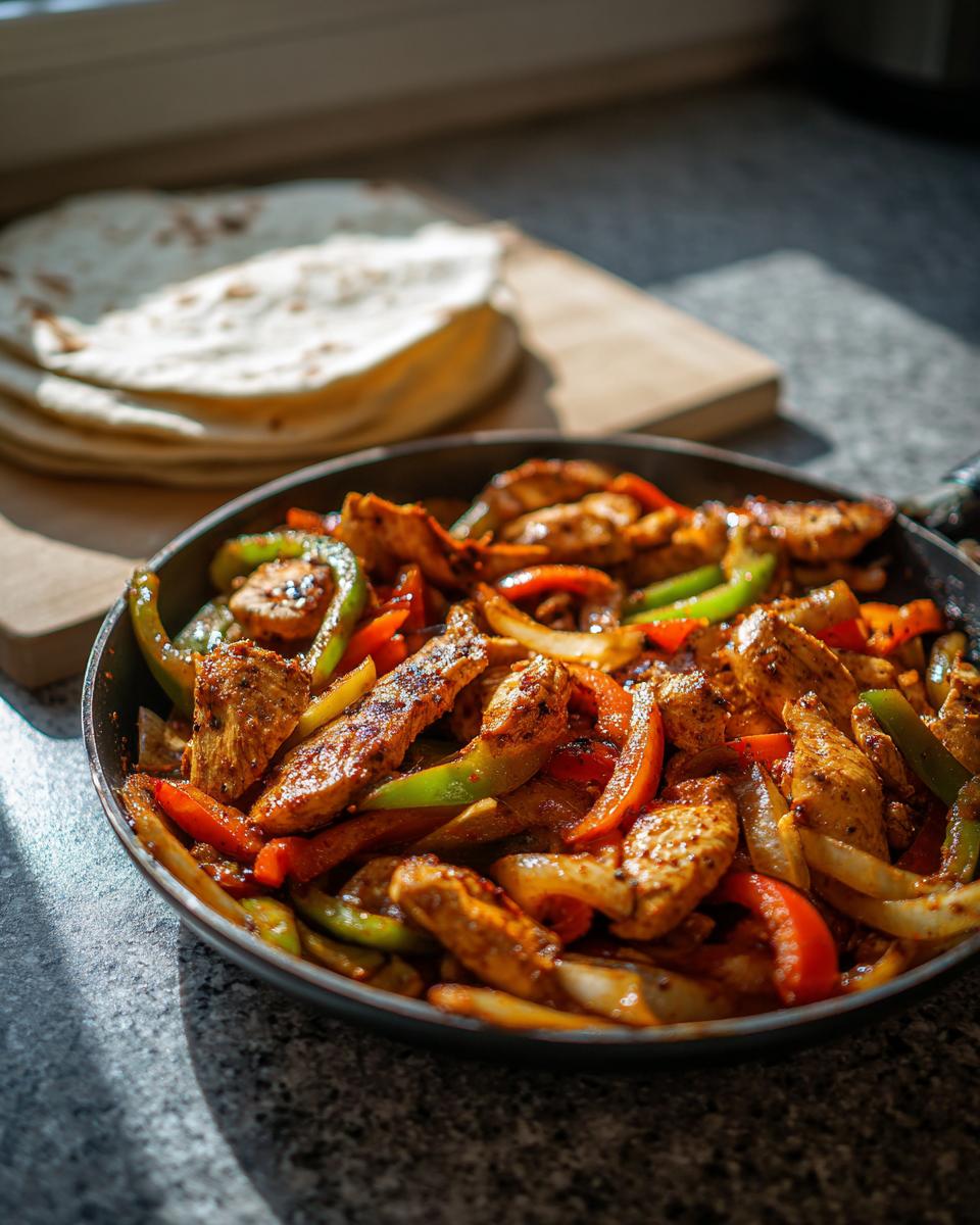 Skillet chicken fajitas with peppers cooked in a cast iron skillet with tortillas in background