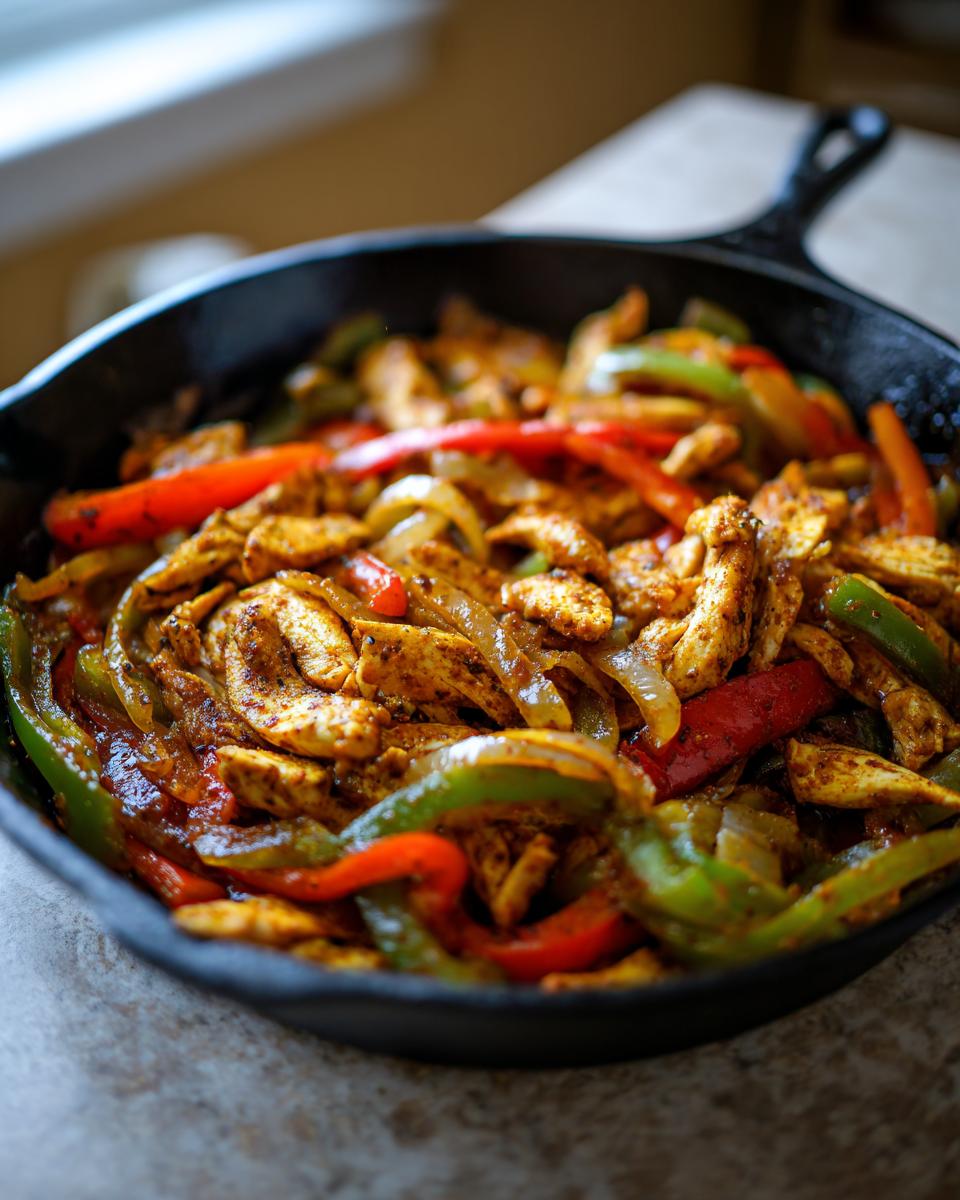 Close-up of skillet chicken fajitas with peppers, onions, and spices cooking in a cast iron pan.