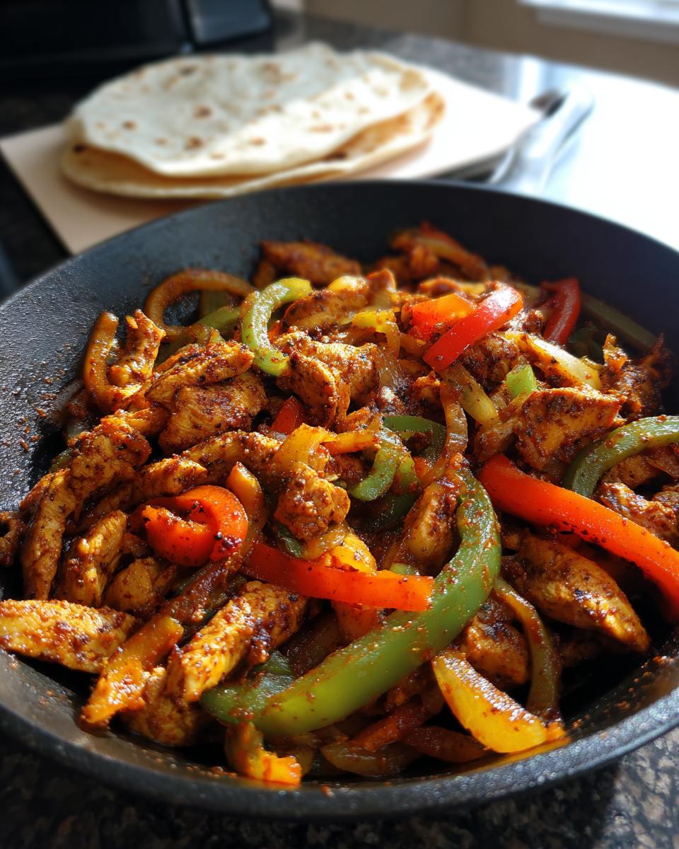 Close-up of skillet chicken fajitas with colorful peppers cooking in a black pan.