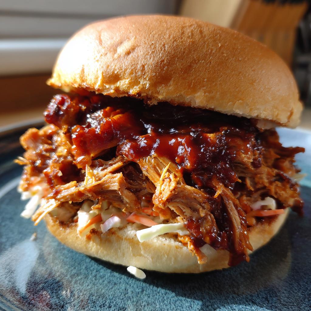 A slow cooker barbecue pulled pork sandwich with tender pork and barbecue sauce on a bun
