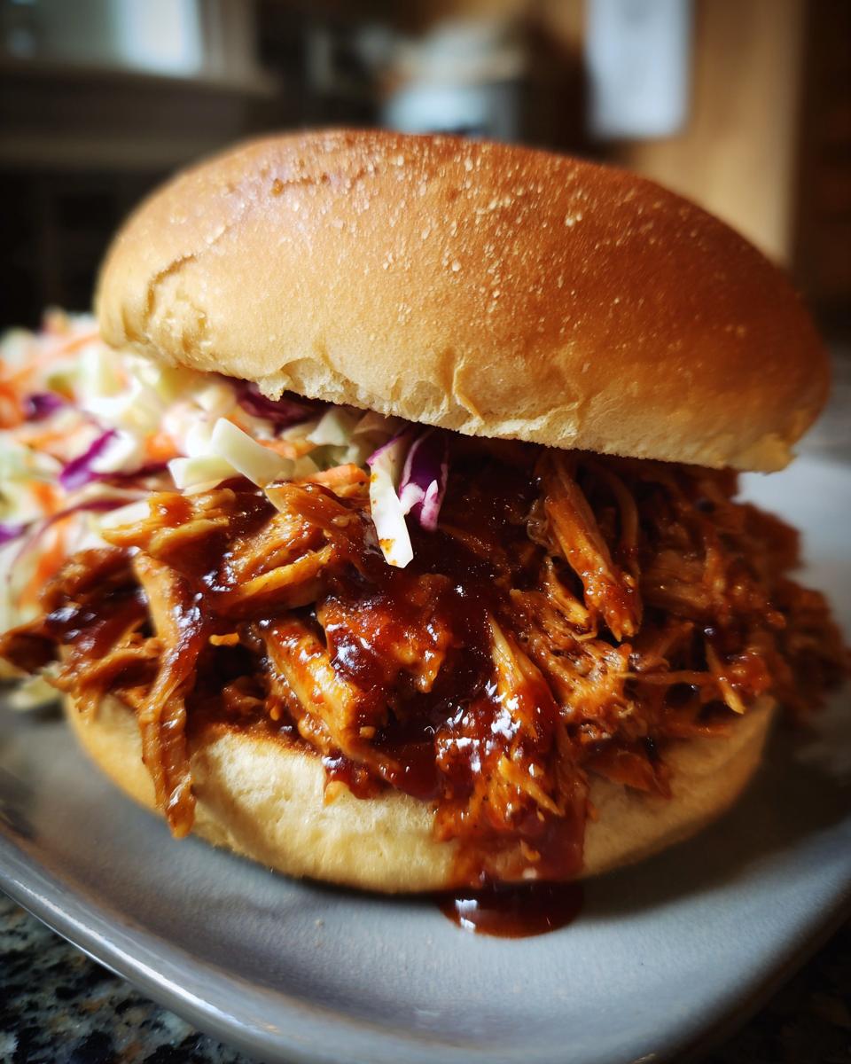 Slow cooker barbecue pulled pork sandwich with tangy sauce and coleslaw on a bun.
