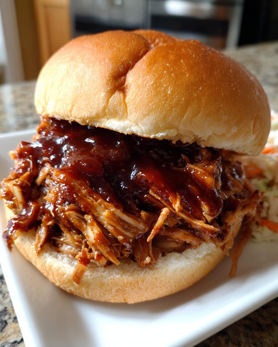 Juicy slow cooker barbecue pulled pork sandwich with shredded pork and barbecue sauce on a soft bun.
