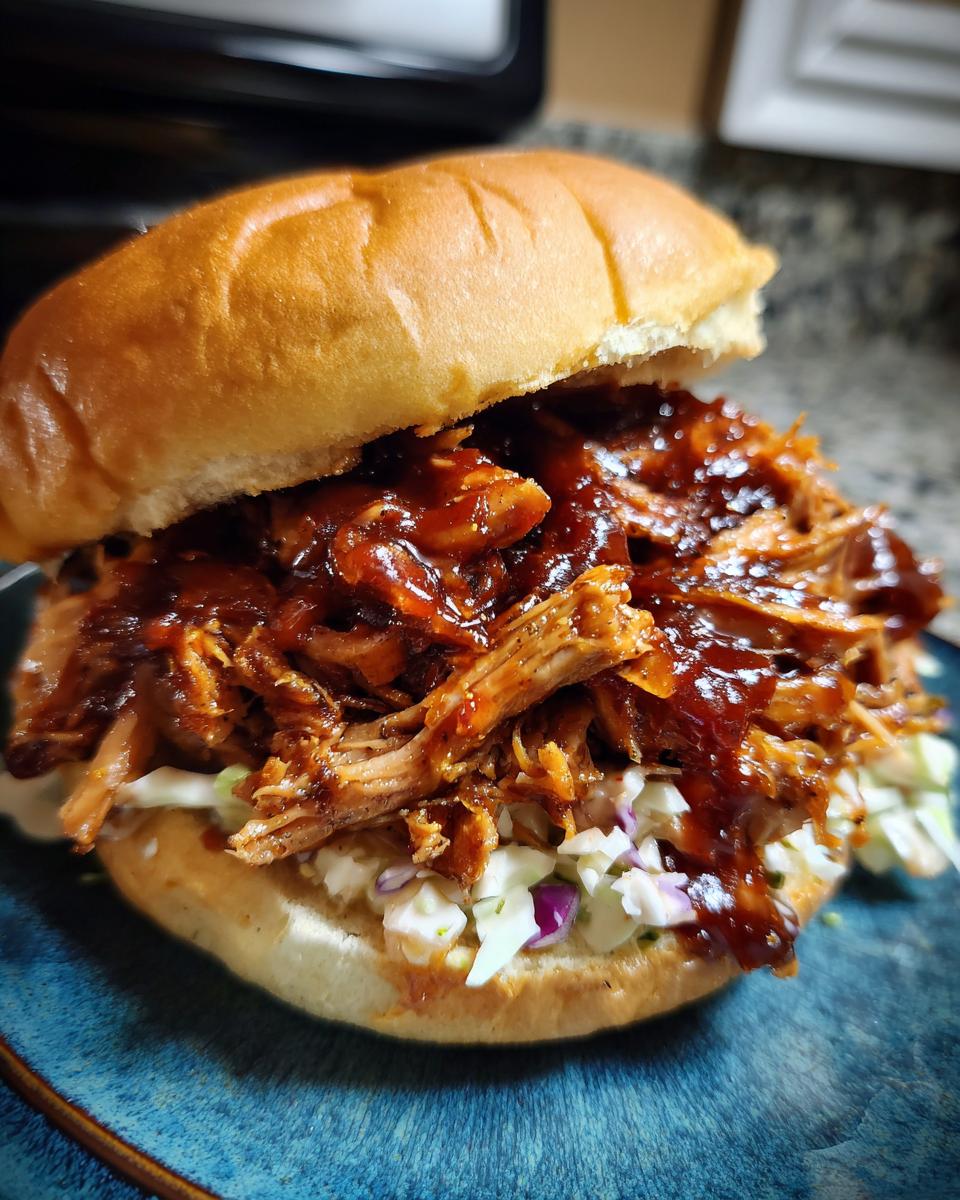 Slow cooker barbecue pulled pork sandwich with coleslaw on a bun on a blue plate.
