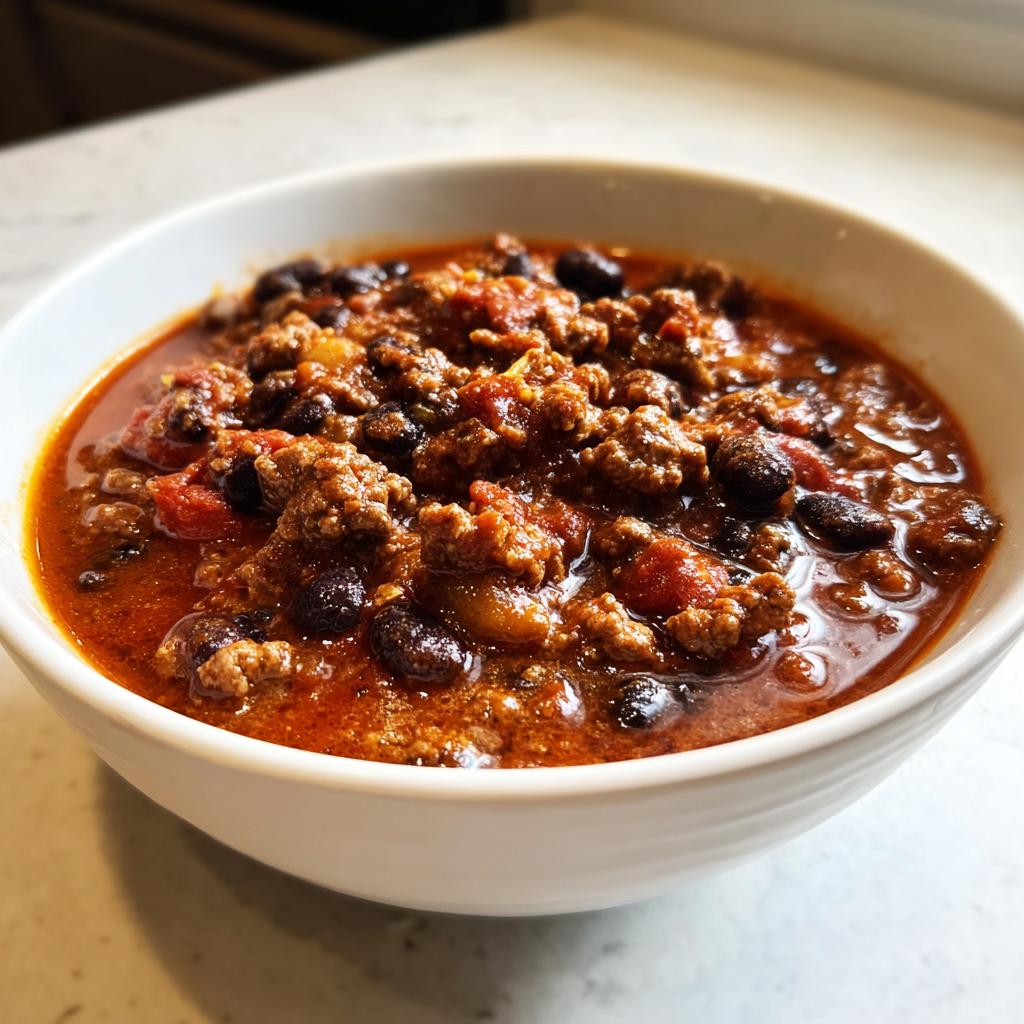 Close-up of slow cooker beef and black bean chili in a white bowl.