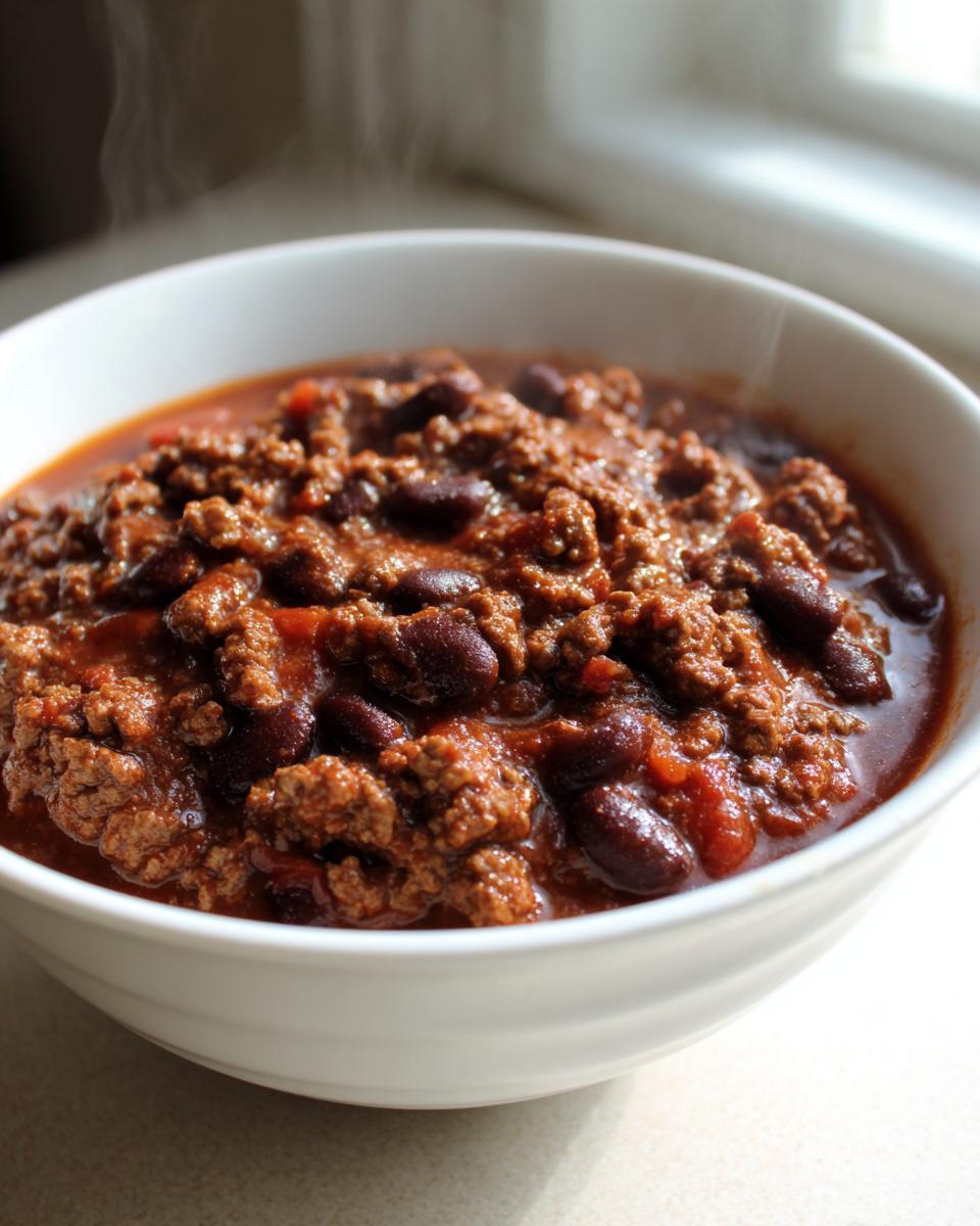 Steaming bowl of slow cooker beef and black bean chili with rich tomato sauce