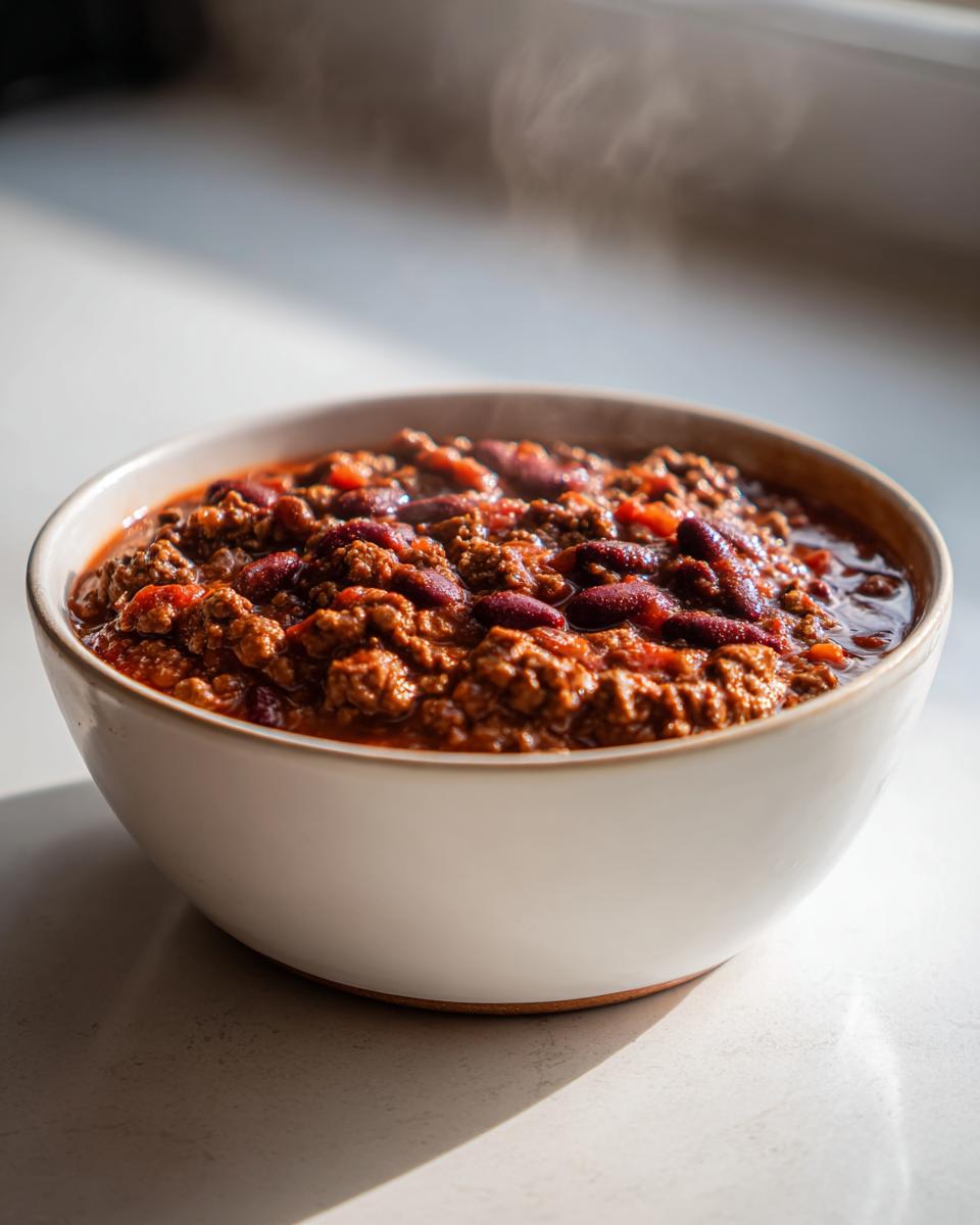 Steaming bowl of slow cooker beef and black bean chili with beans and ground beef