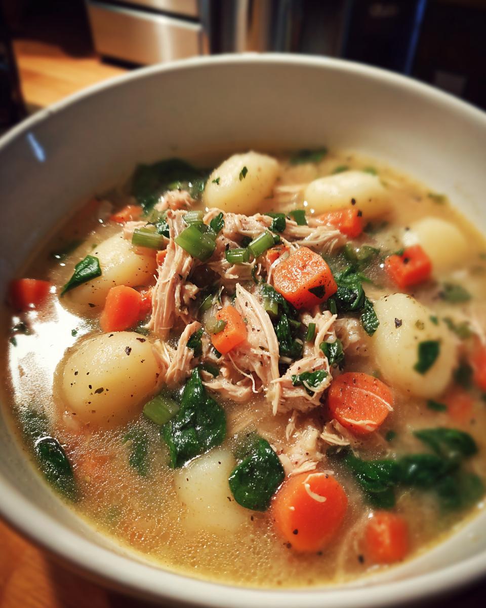 Creamy slow cooker chicken and gnocchi soup with shredded chicken, carrots, spinach, and broth
