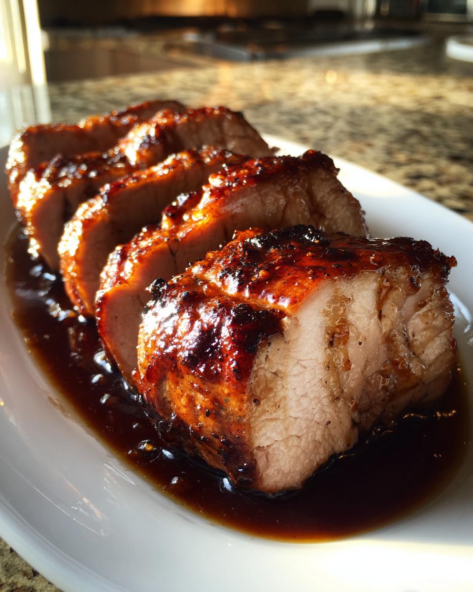 Sliced slow cooker honey garlic pork loin with dark glaze on white plate
