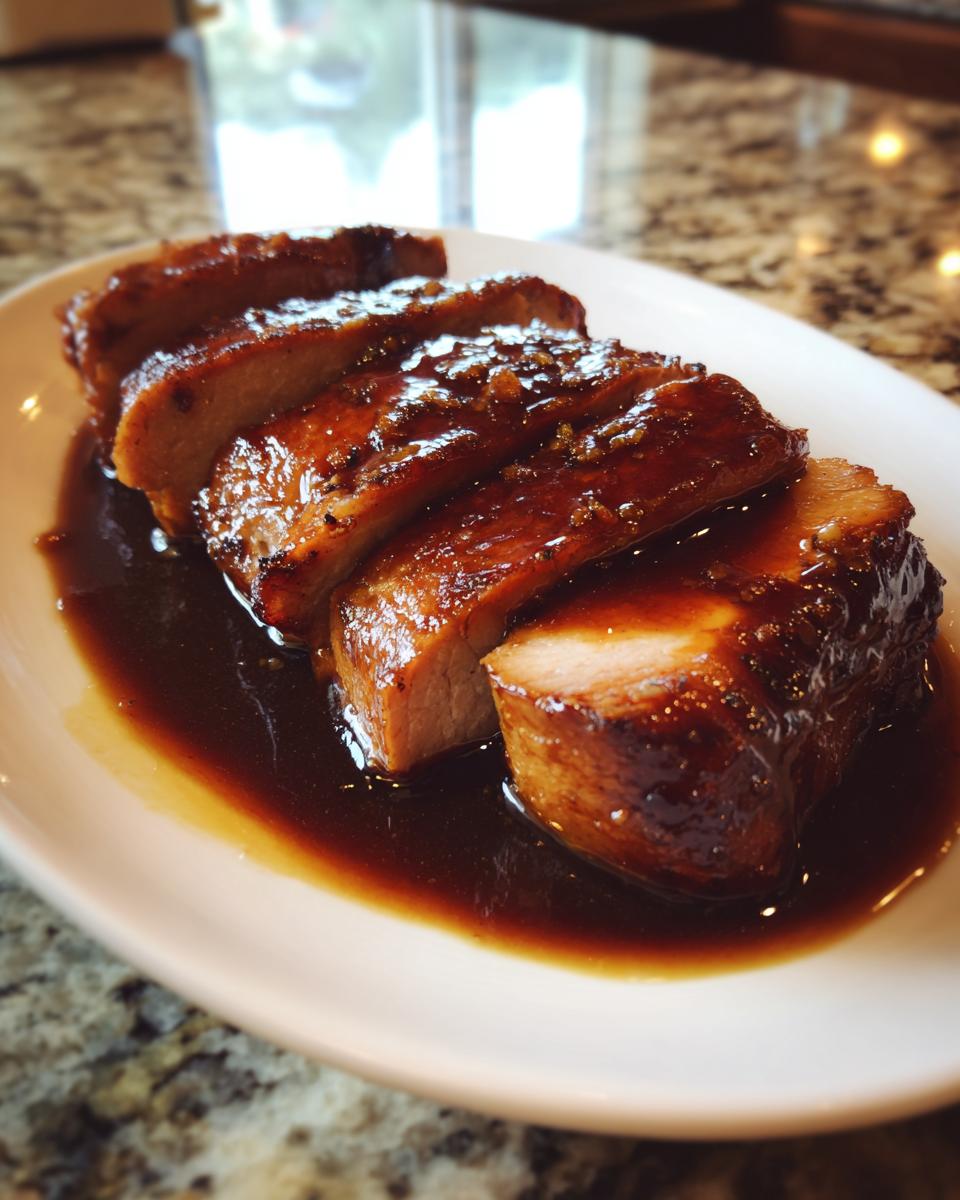 Sliced slow cooker honey garlic pork loin on white plate with rich glaze sauce.