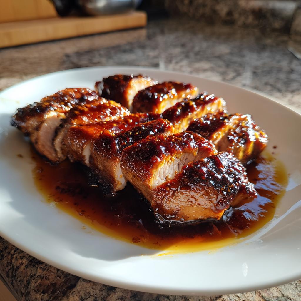 Close-up of sliced slow cooker honey garlic pork loin with glossy sauce on white plate.