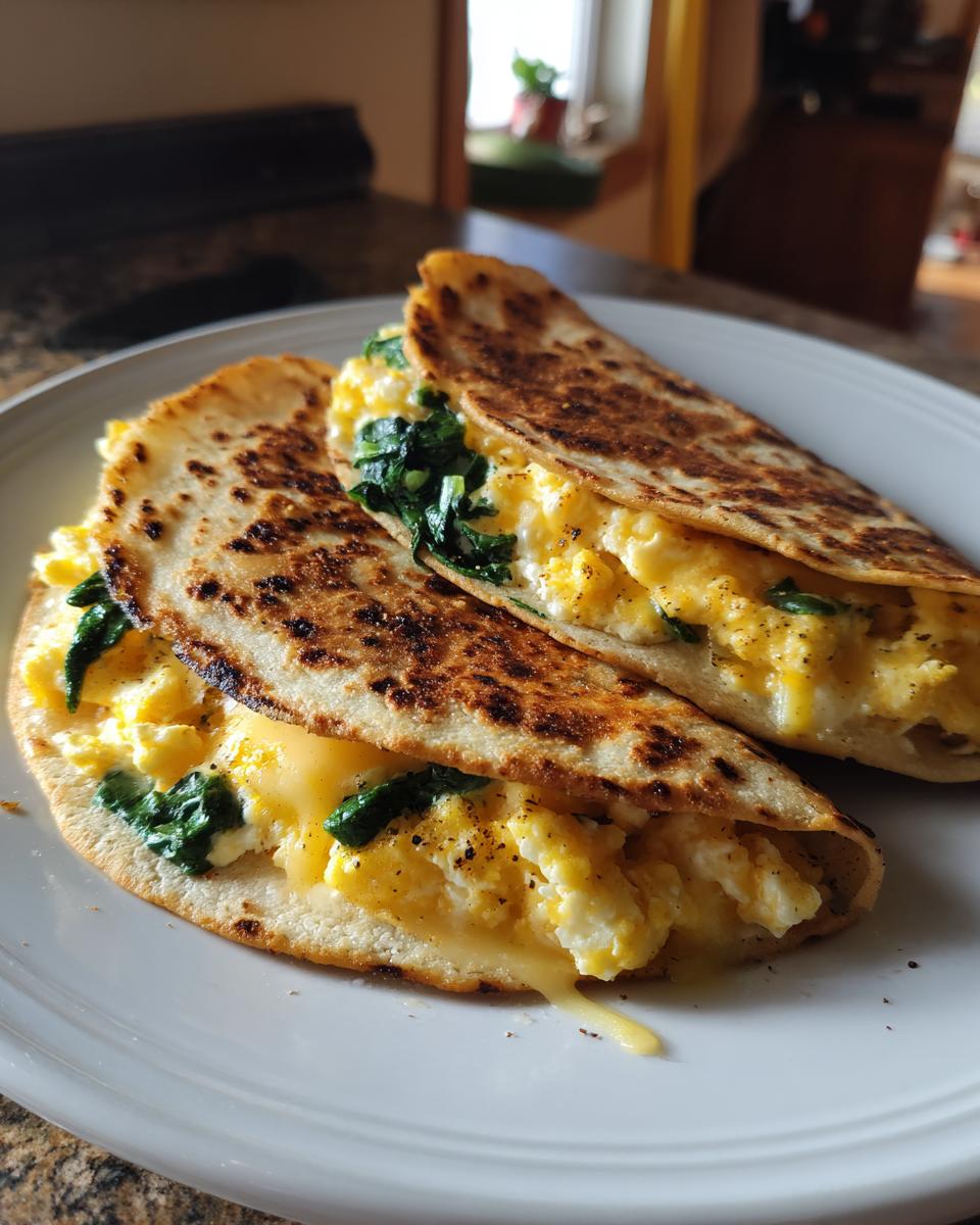 Two spinach feta breakfast quesadillas with scrambled eggs and melted cheese on a white plate.