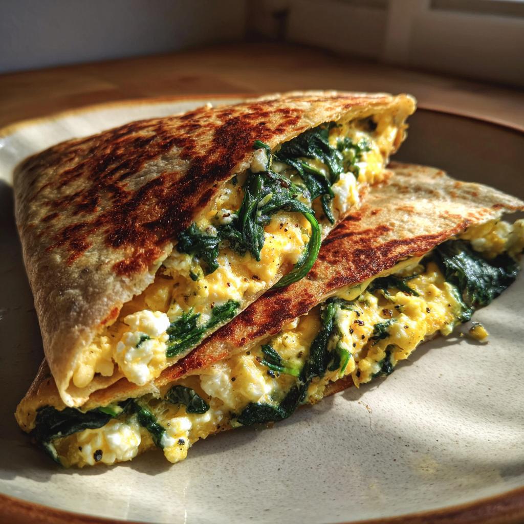 Close-up of spinach feta breakfast quesadilla with scrambled eggs and greens inside toasted tortilla