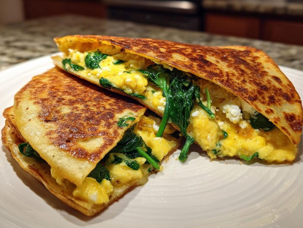 Two halves of a golden spinach feta breakfast quesadilla with scrambled eggs on a white plate