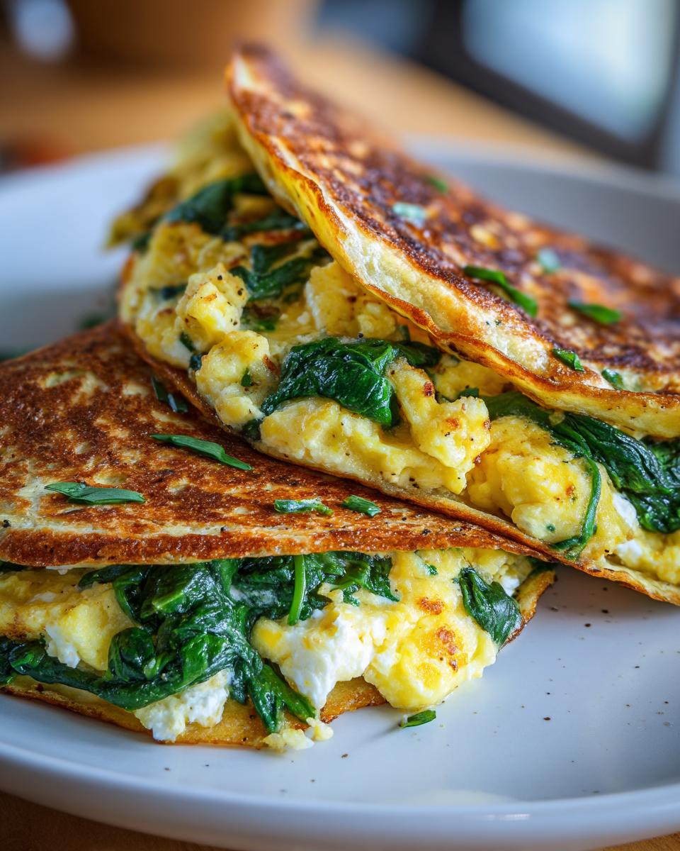 Close-up of spinach feta breakfast quesadilla with scrambled eggs and greens on a white plate