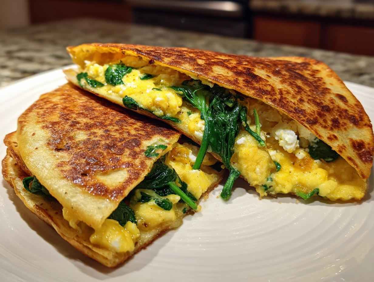 Two halves of a golden spinach feta breakfast quesadilla with scrambled eggs on a white plate