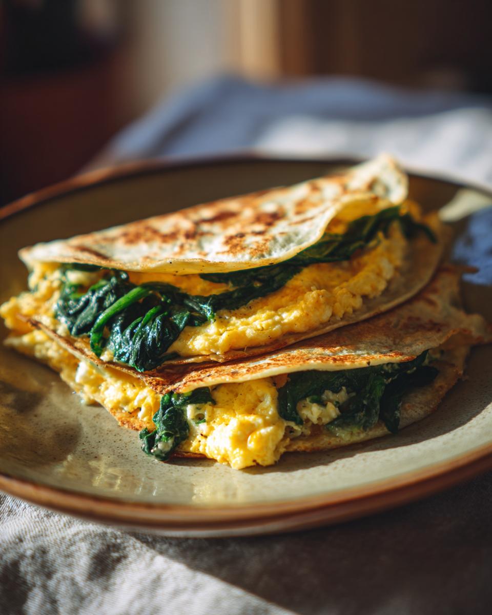 Two folded spinach feta breakfast quesadillas with scrambled eggs on a plate