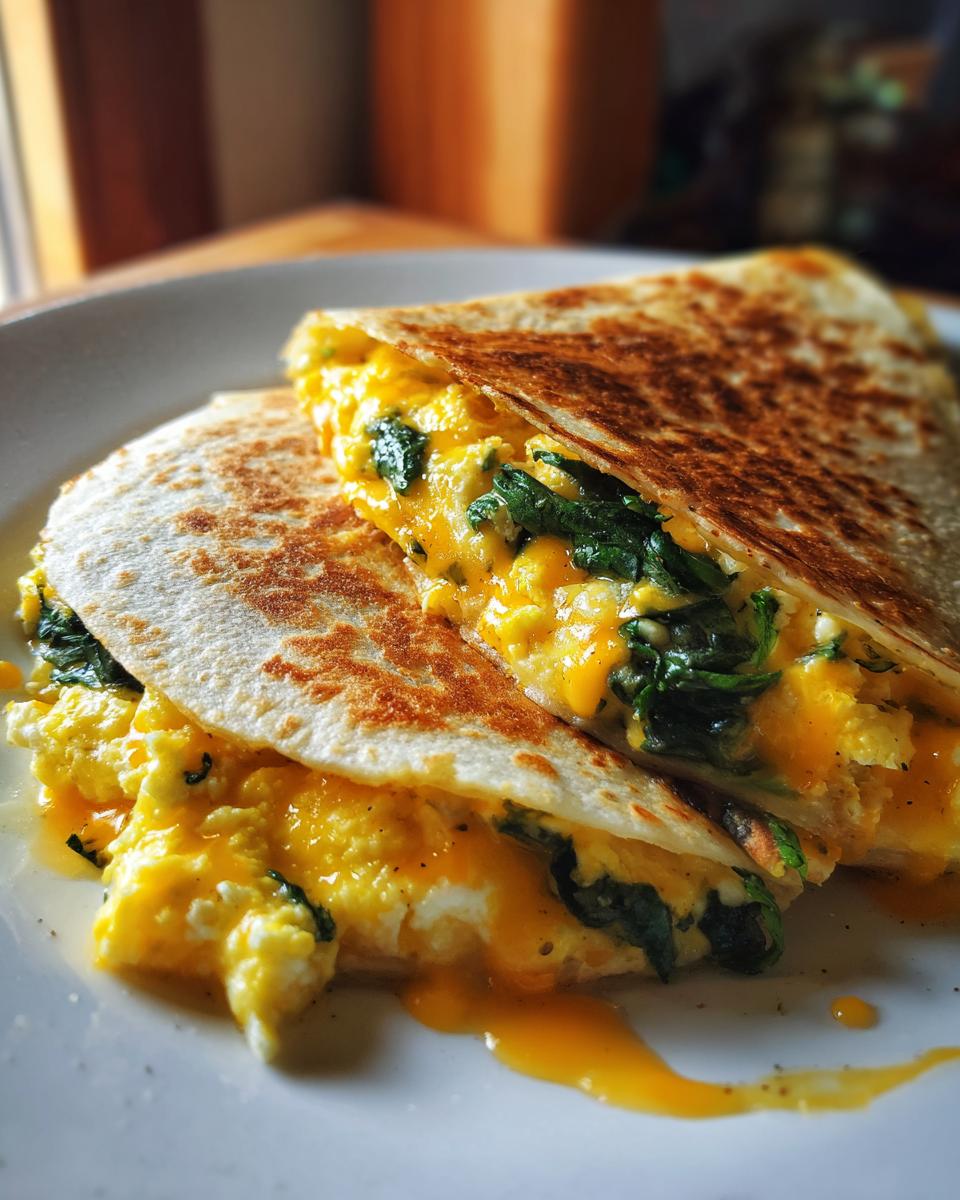 Close-up of a spinach feta breakfast quesadilla with melted cheese and spinach inside a toasted tortilla.
