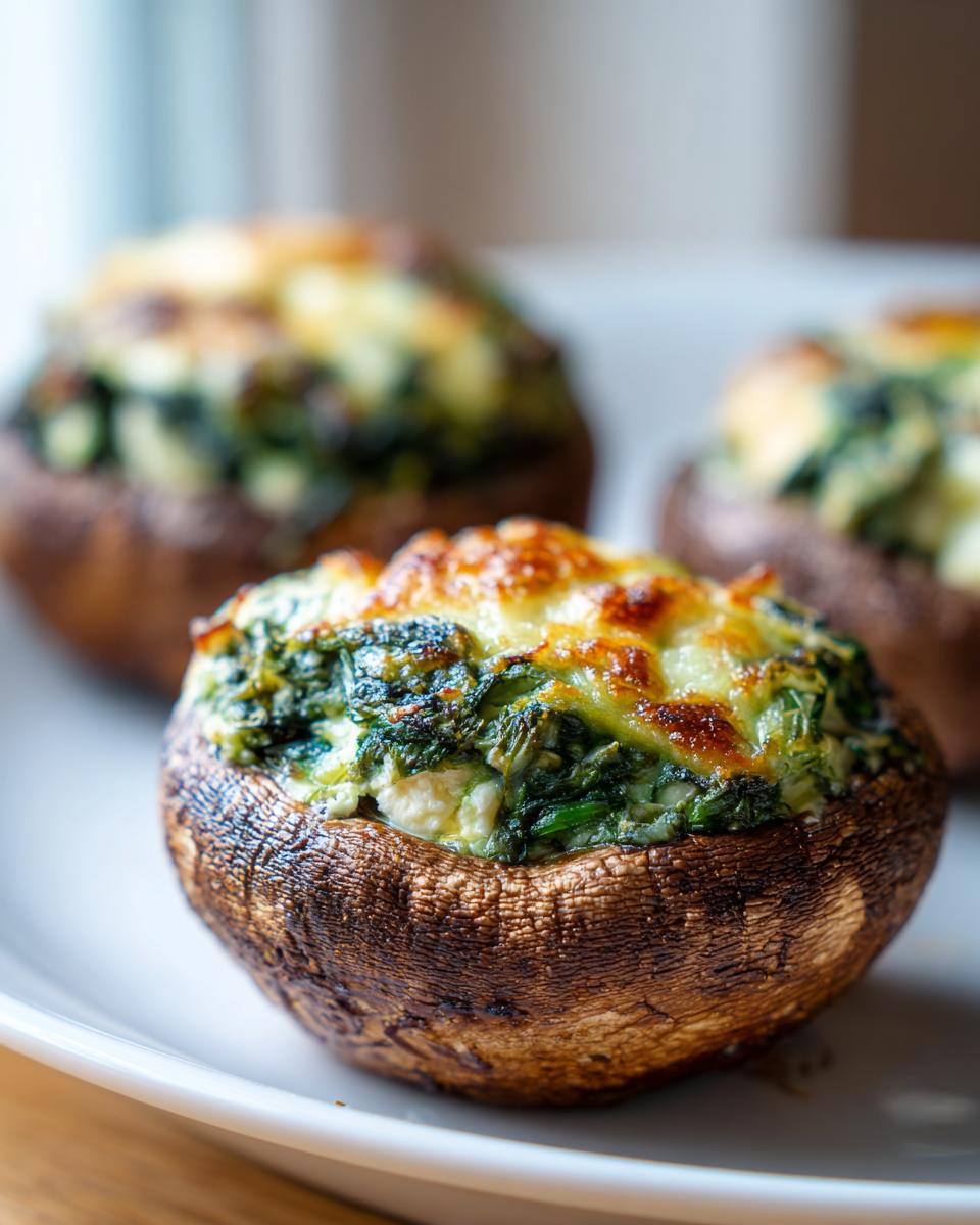 Spinach and feta stuffed portobello mushrooms with melted cheese on top on a white plate.