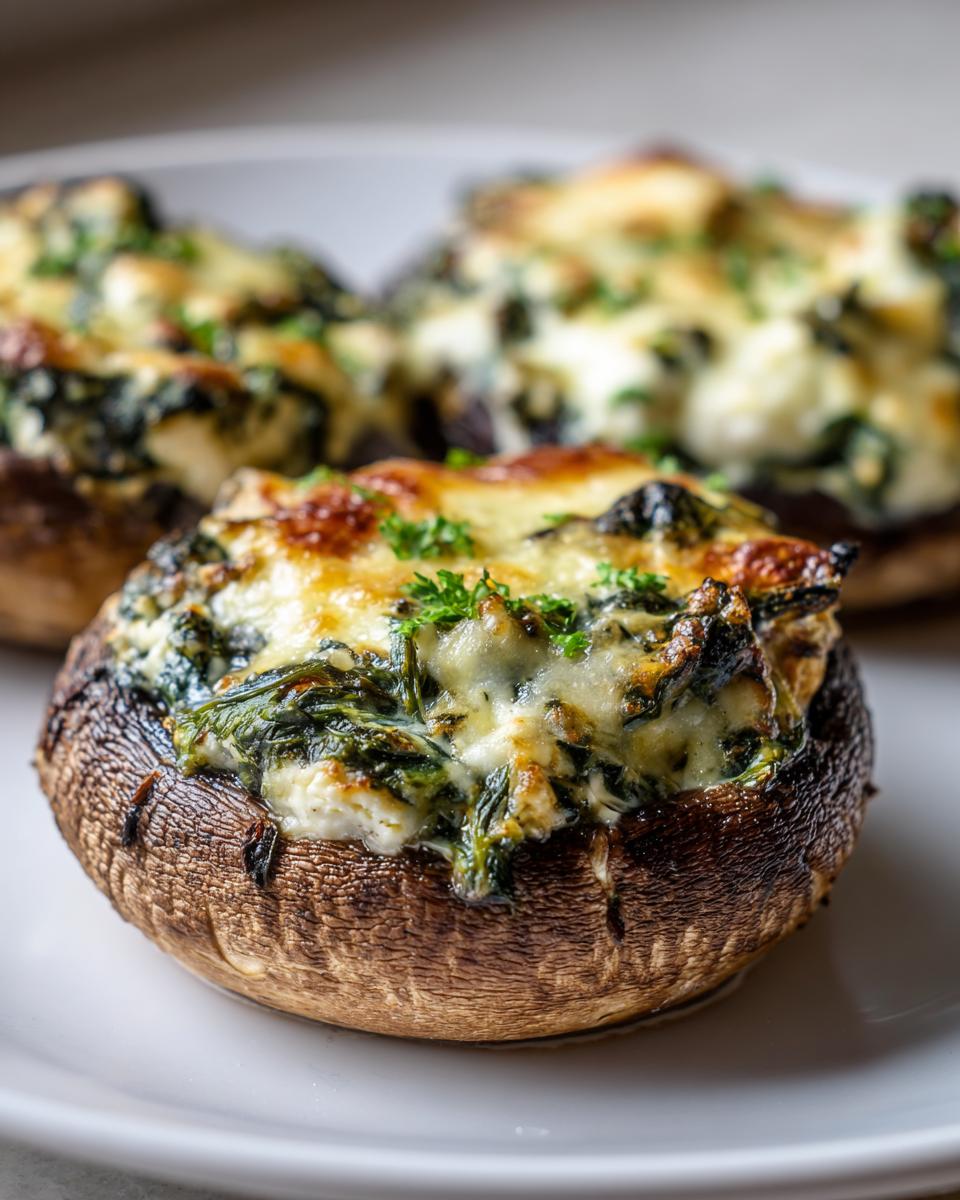 Close-up of baked spinach and feta stuffed portobello mushrooms on a white plate.